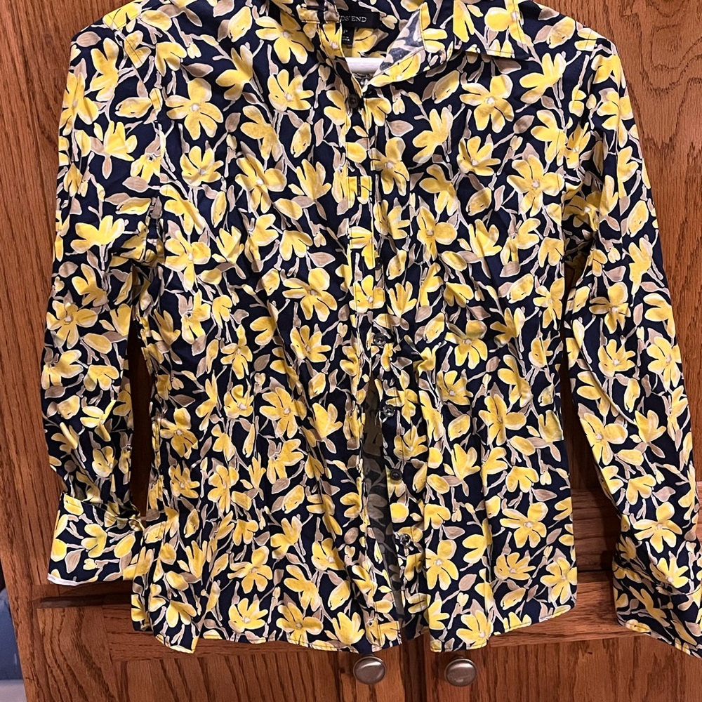 Lands' End Yellow Floral Button Down Shirt